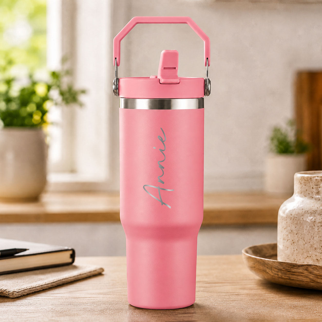 Personalised pink insulated travel cup with large engraved name and flip straw