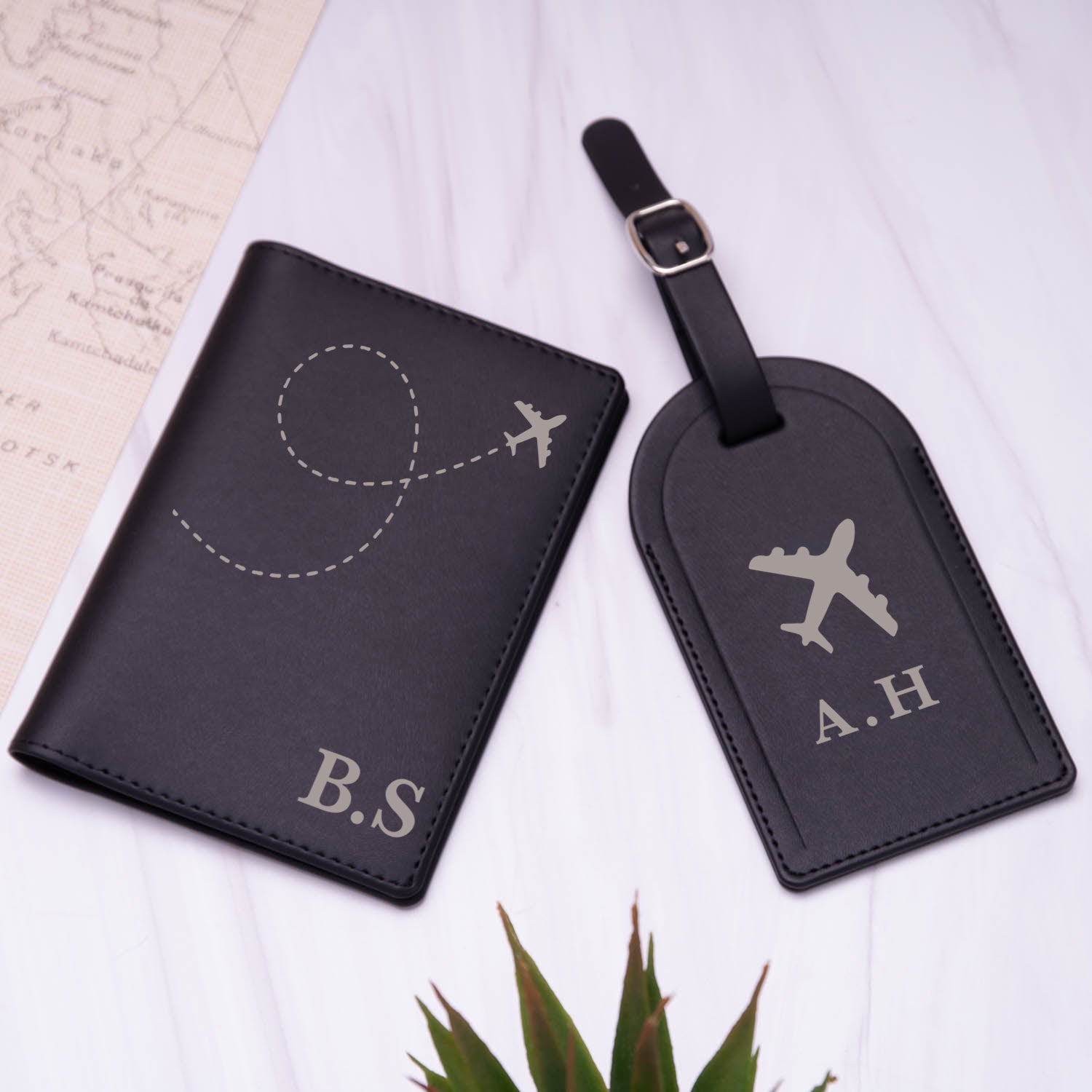 Personalised Plane Initials Passport Holder & Luggage Tag Set
