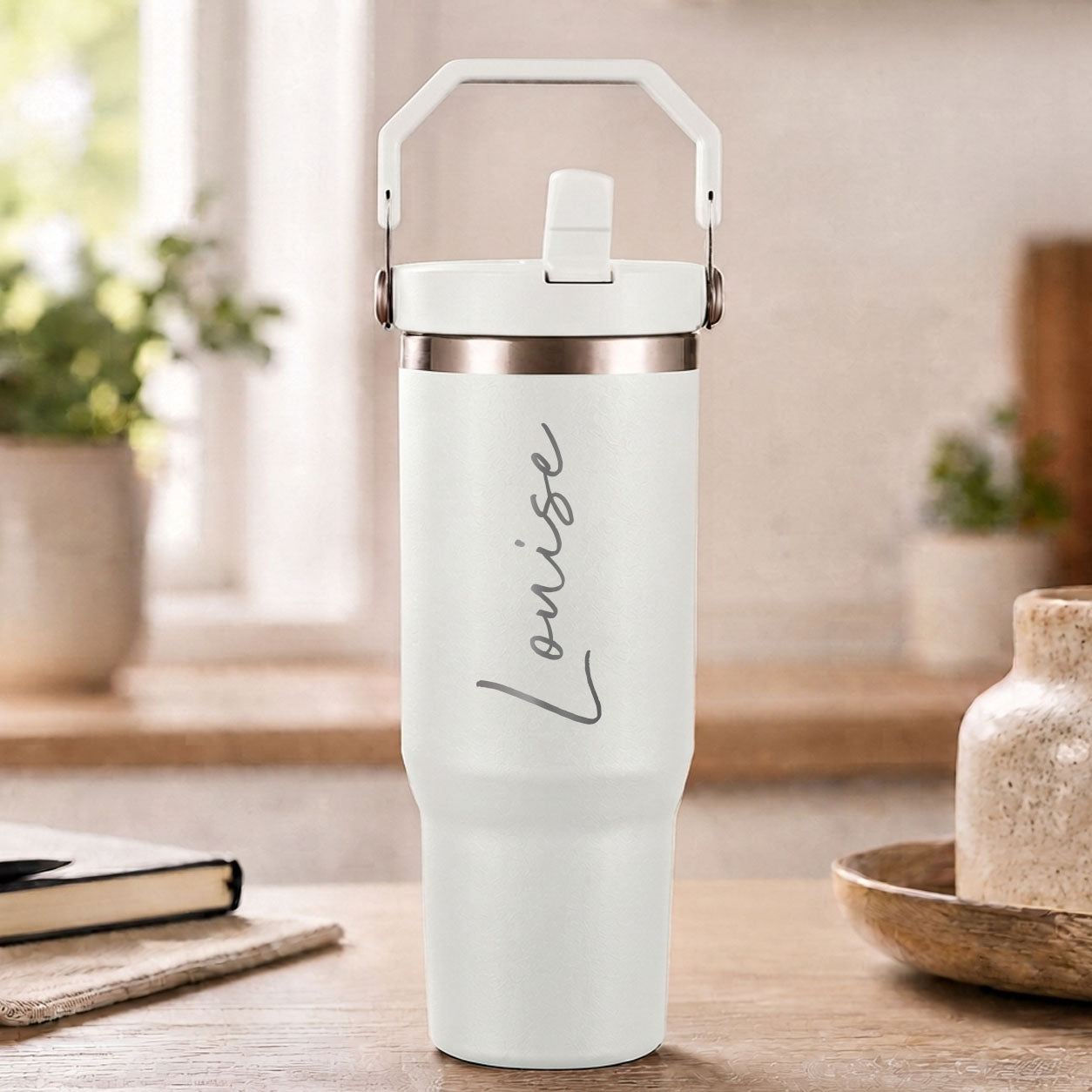 Personalised white insulated travel cup with large engraved name and flip straw