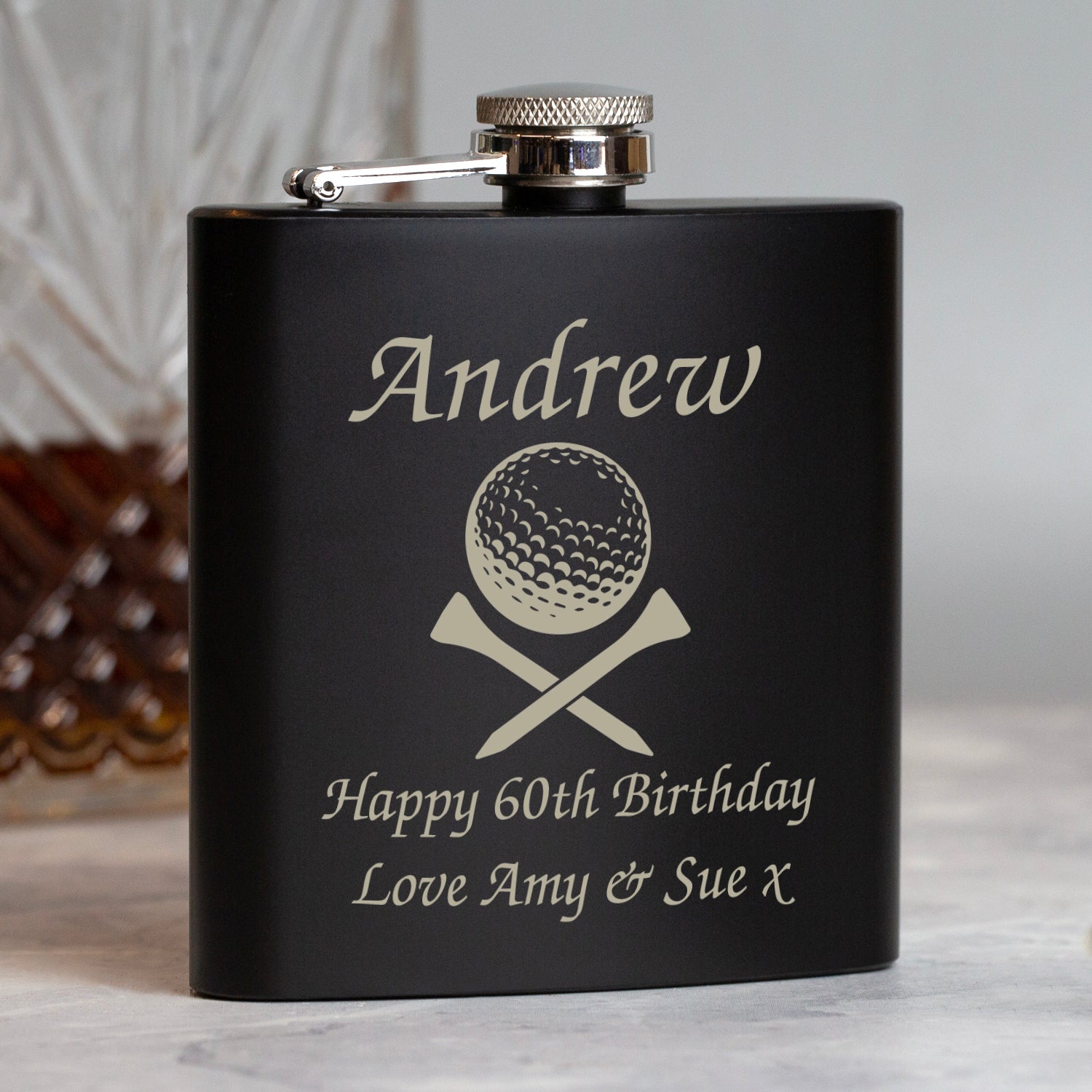 Personalised Golf & Tees 6oz Black Hip Flask - Hip Flasks