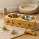 Personalised Dog Paws Wooden Double Feeding Bowl - Dog Bowl