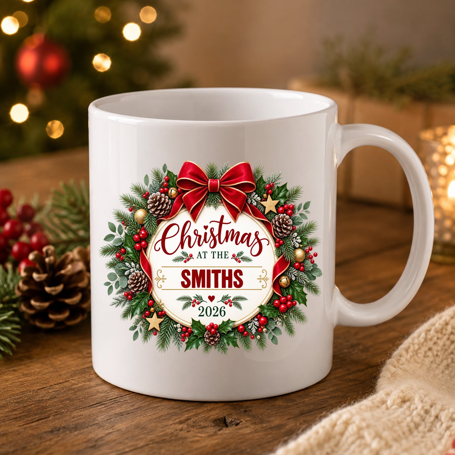 Personalised Christmas wreath family mug with the design printed on both sides