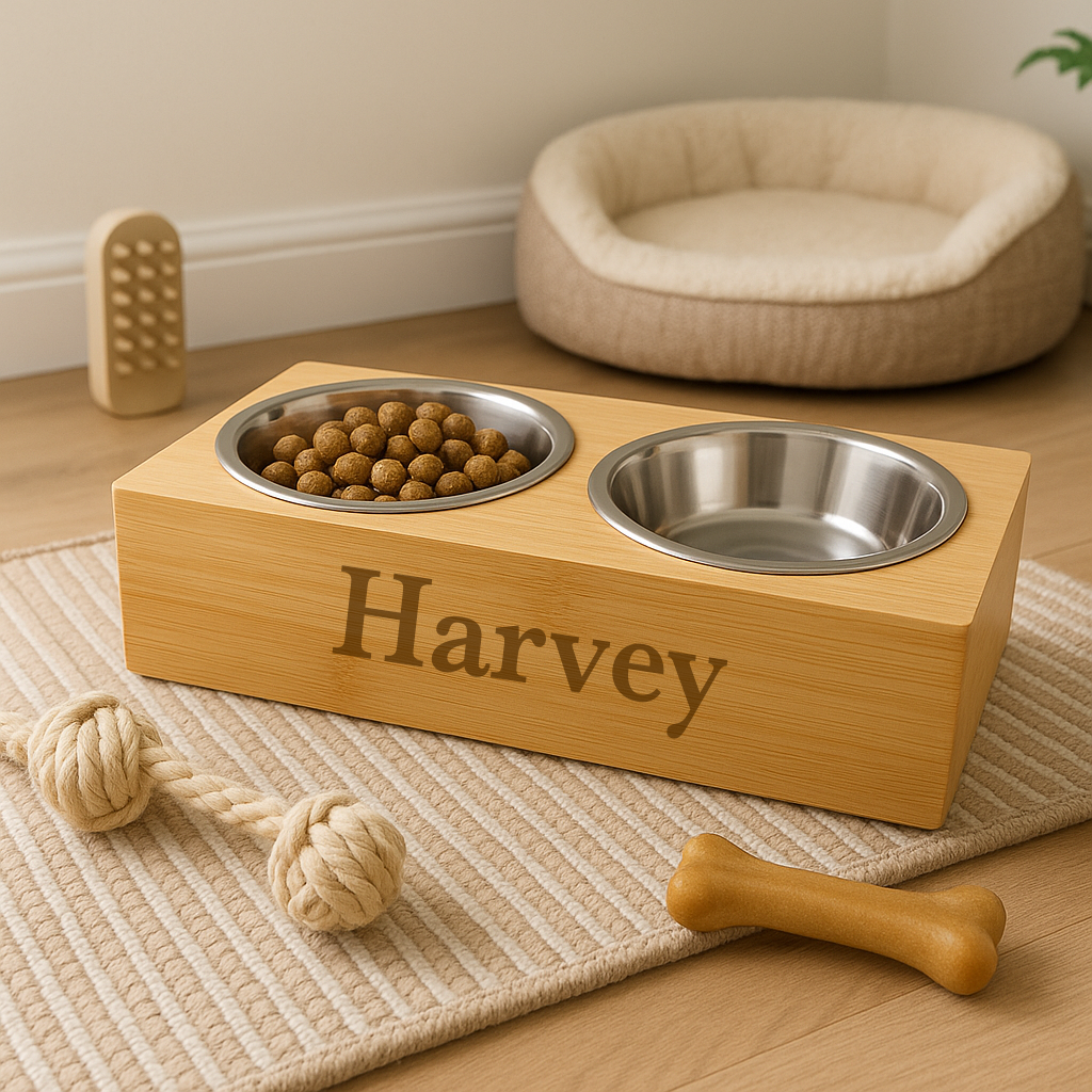 Personalised Dog Wooden Double Feeding Bowl - Dog Bowl