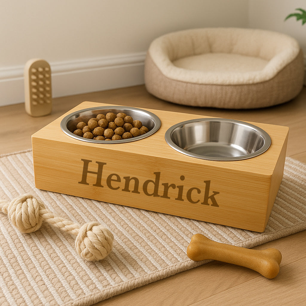 Personalised Dog Wooden Double Feeding Bowl - Dog Bowl