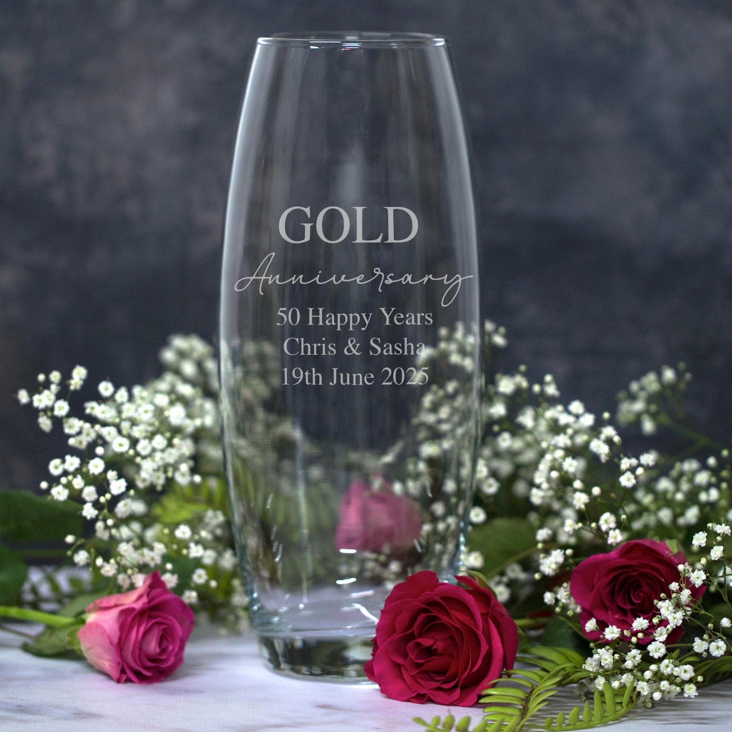 Personalised Glass Bullet Vase – Engraved 50th Gold Anniversary Gift
