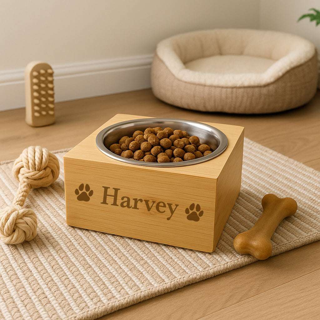Personalised Dog Paws Wooden Single Feeding Bowl - Dog Bowl