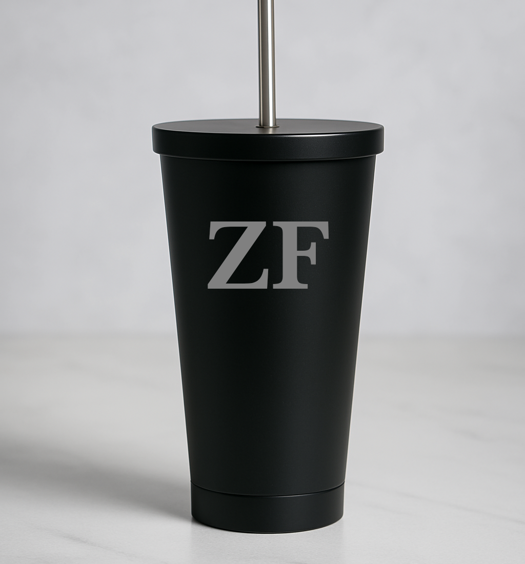 Personalised Initials 550ml Insulated Travel Cup With Straw - Black - Travel Mugs