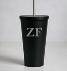 Personalised Initials 550ml Insulated Travel Cup With Straw - Black - Travel Mugs