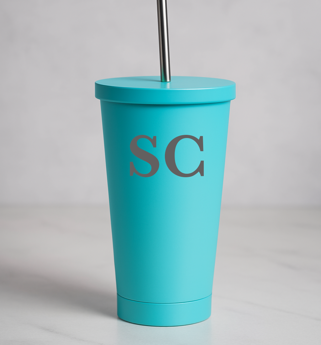 Personalised Initials 550ml Insulated Travel Cup With Straw - Light Blue - Travel Mugs