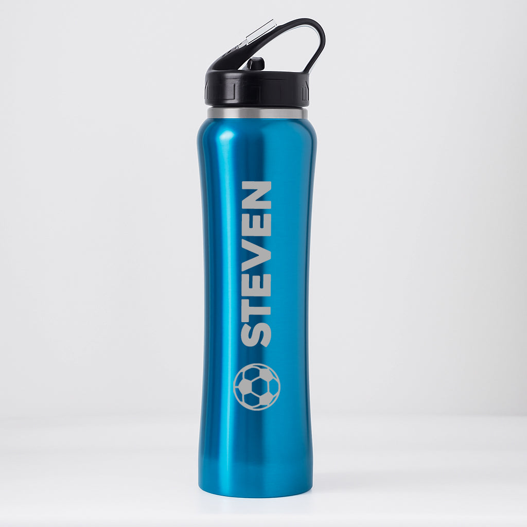 Personalised Football Sports Style Thermos Water Bottle - Metallic Blue - Thermos Water Bottles