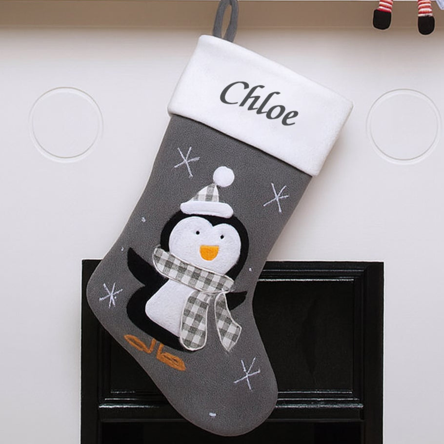 Personalised Penguin Grey Deluxe Christmas Stocking - Stockings