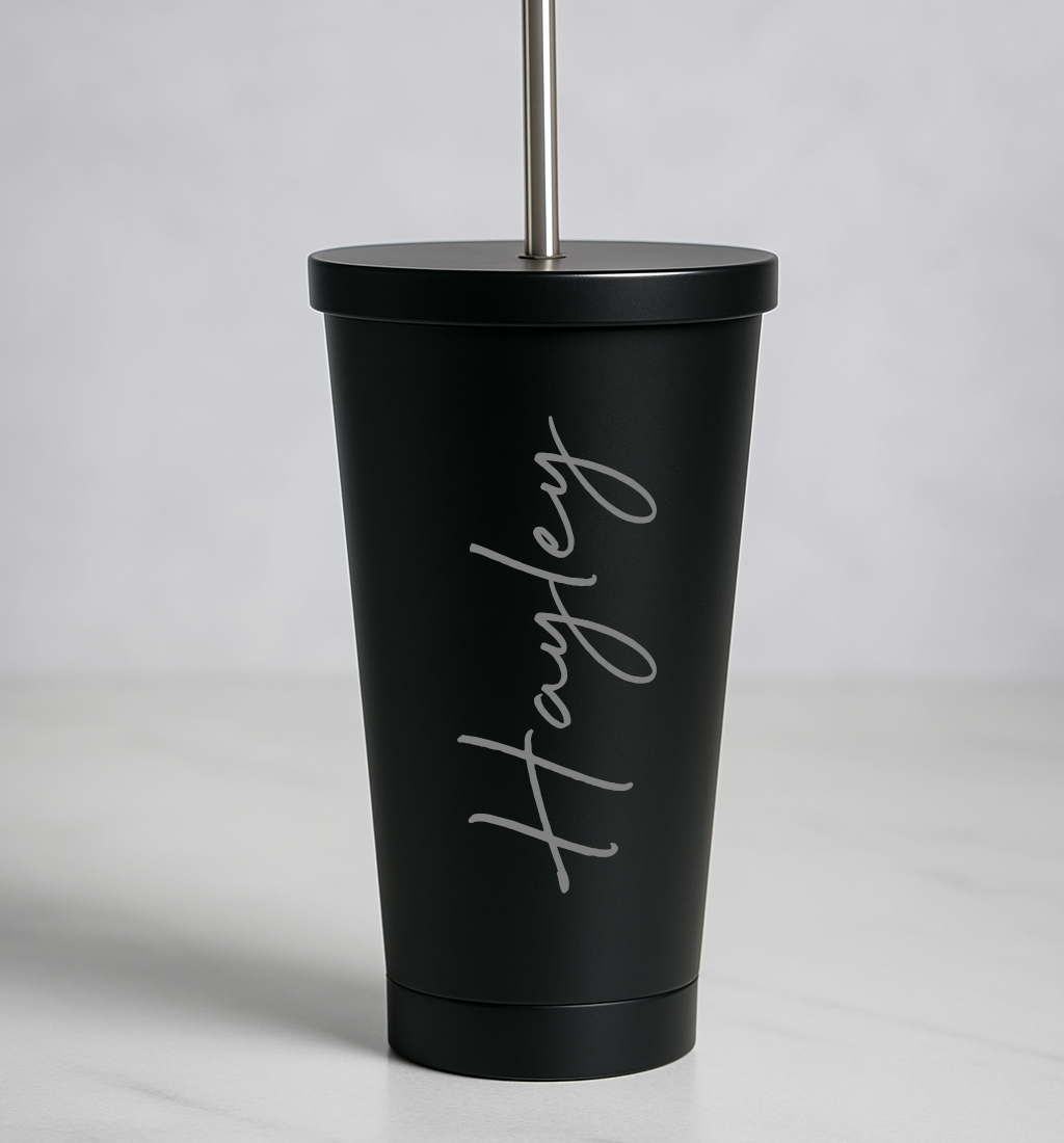 Personalised Large Name 550ml Insulated Travel Cup With Straw - Black - Travel Mugs