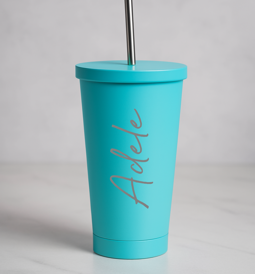 Personalised Large Name 550ml Insulated Travel Cup With Straw - Light Blue - Travel Mugs
