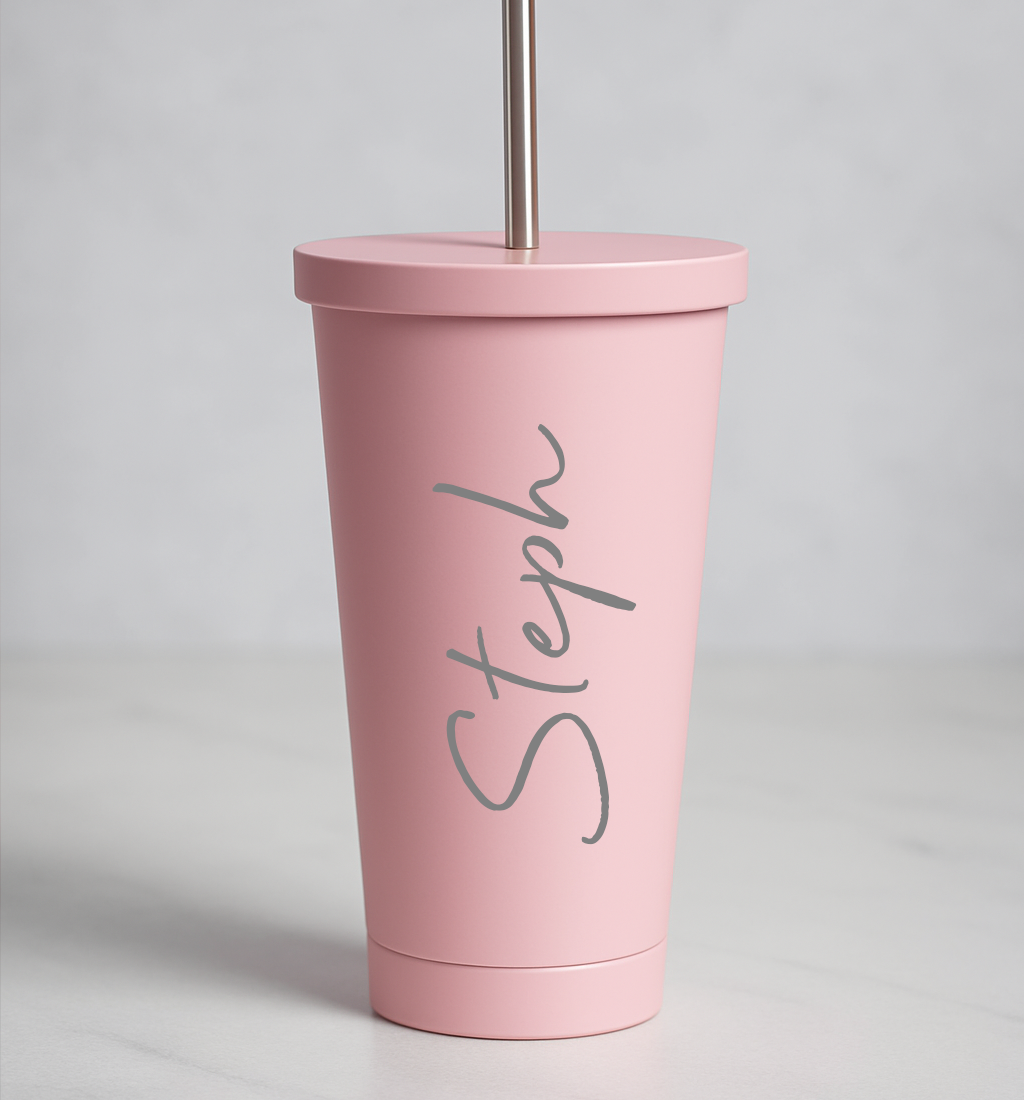 Personalised Large Name 550ml Insulated Travel Cup With Straw - Light Pink - Travel Mugs