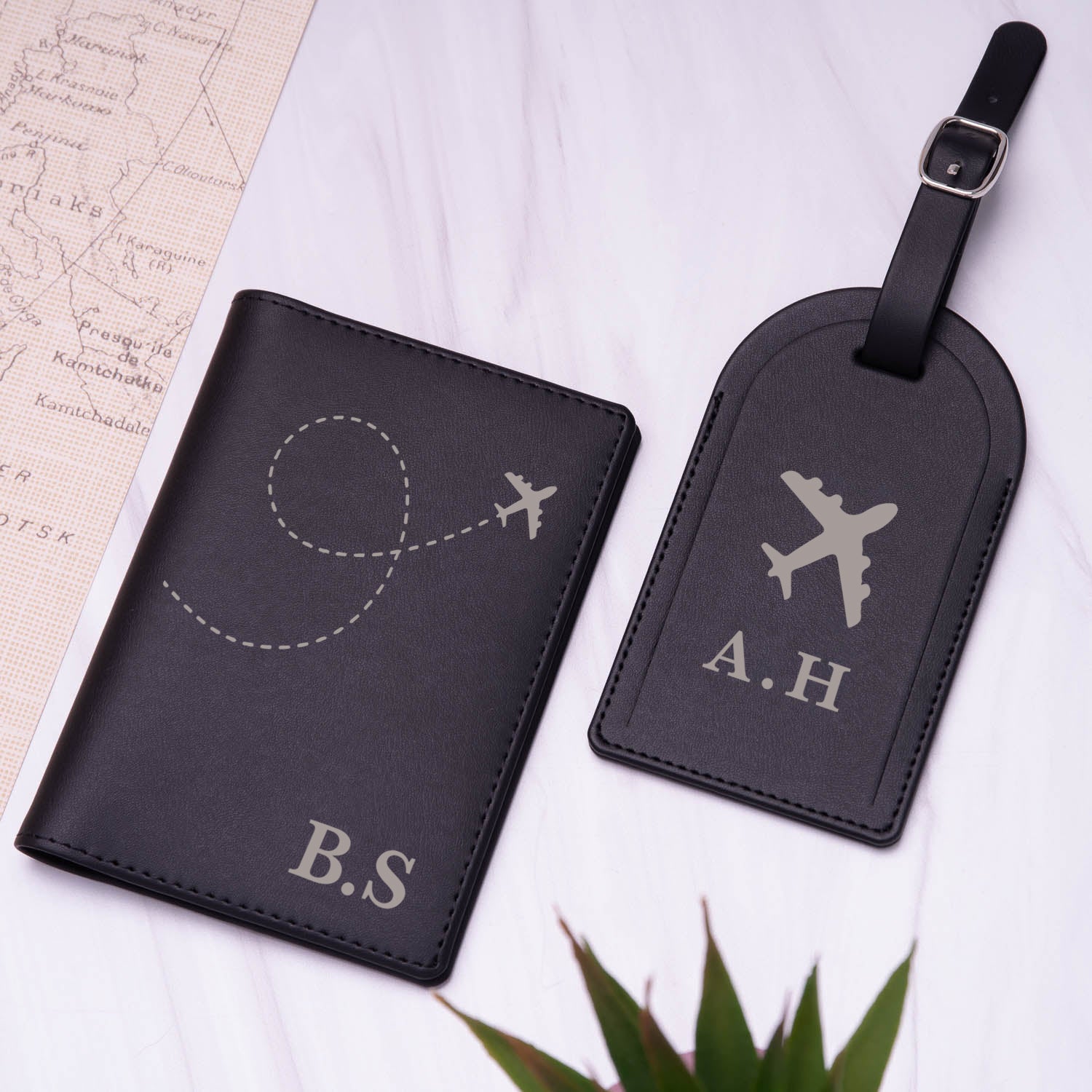 Personalised Plane Initials Passport Holder & Luggage Tag Set