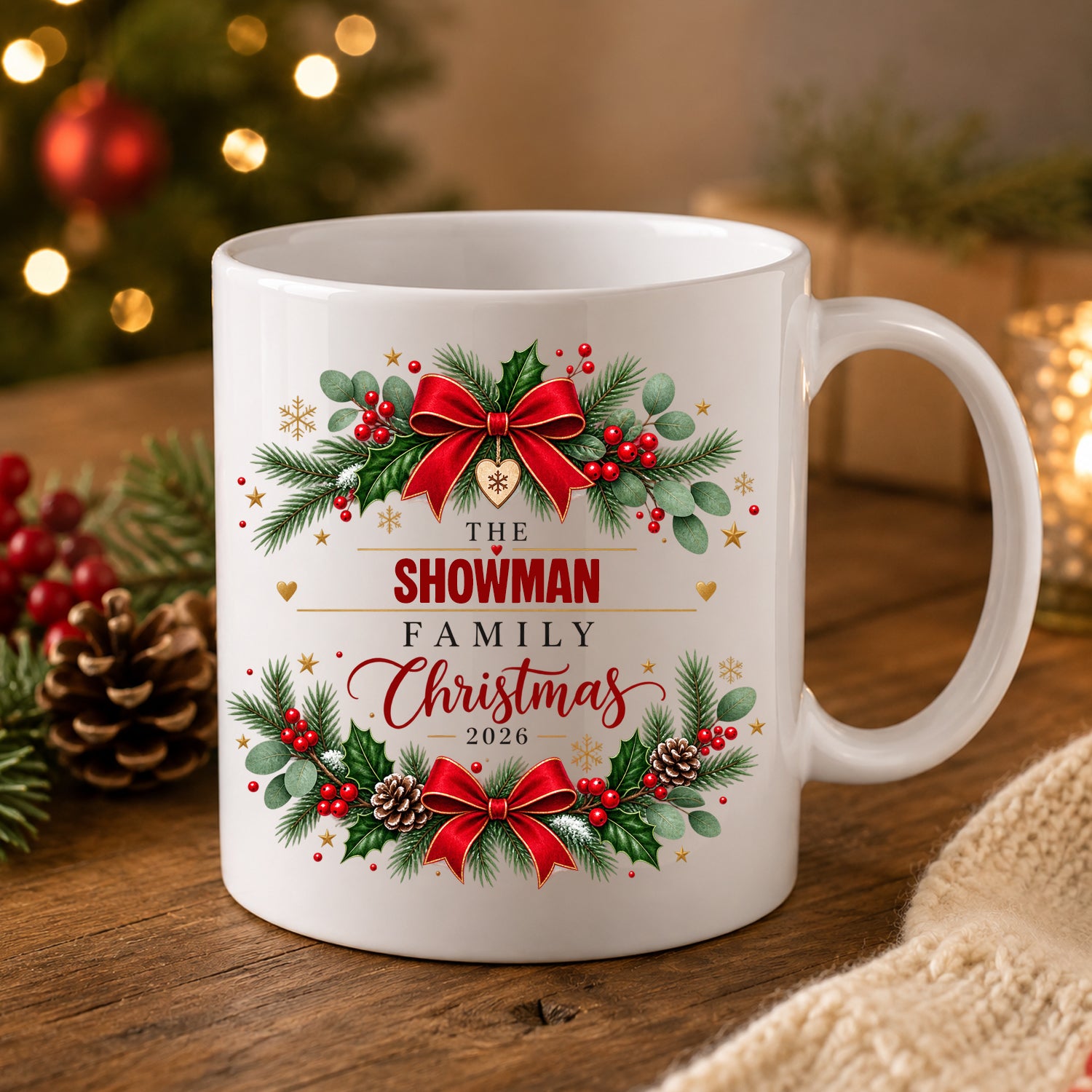 Personalised family Christmas mug with foliage and red bows reading The surname Family Christmas