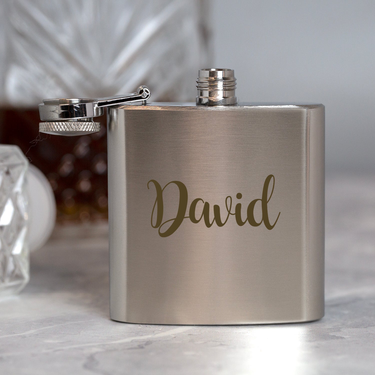 Personalised 3oz Silver Name Hip Flask In Blue Silk Gift Box - Hip Flasks