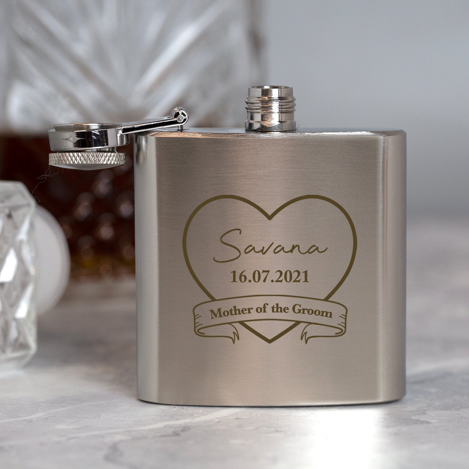 Personalised 3oz Silver Mother of the Groom Hip Flask In Pink Silk Gift Box - Hip Flasks