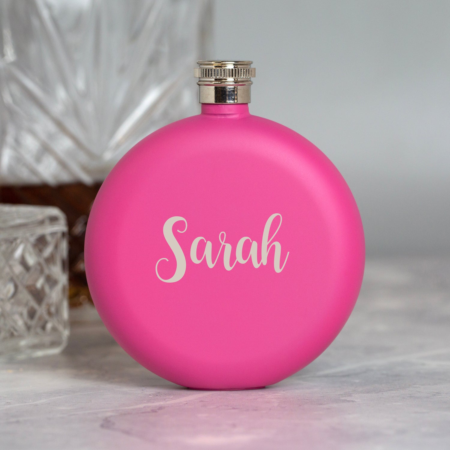 Personalised 5oz Round Pink Name Hip Flask - 6oz Pink Flasks