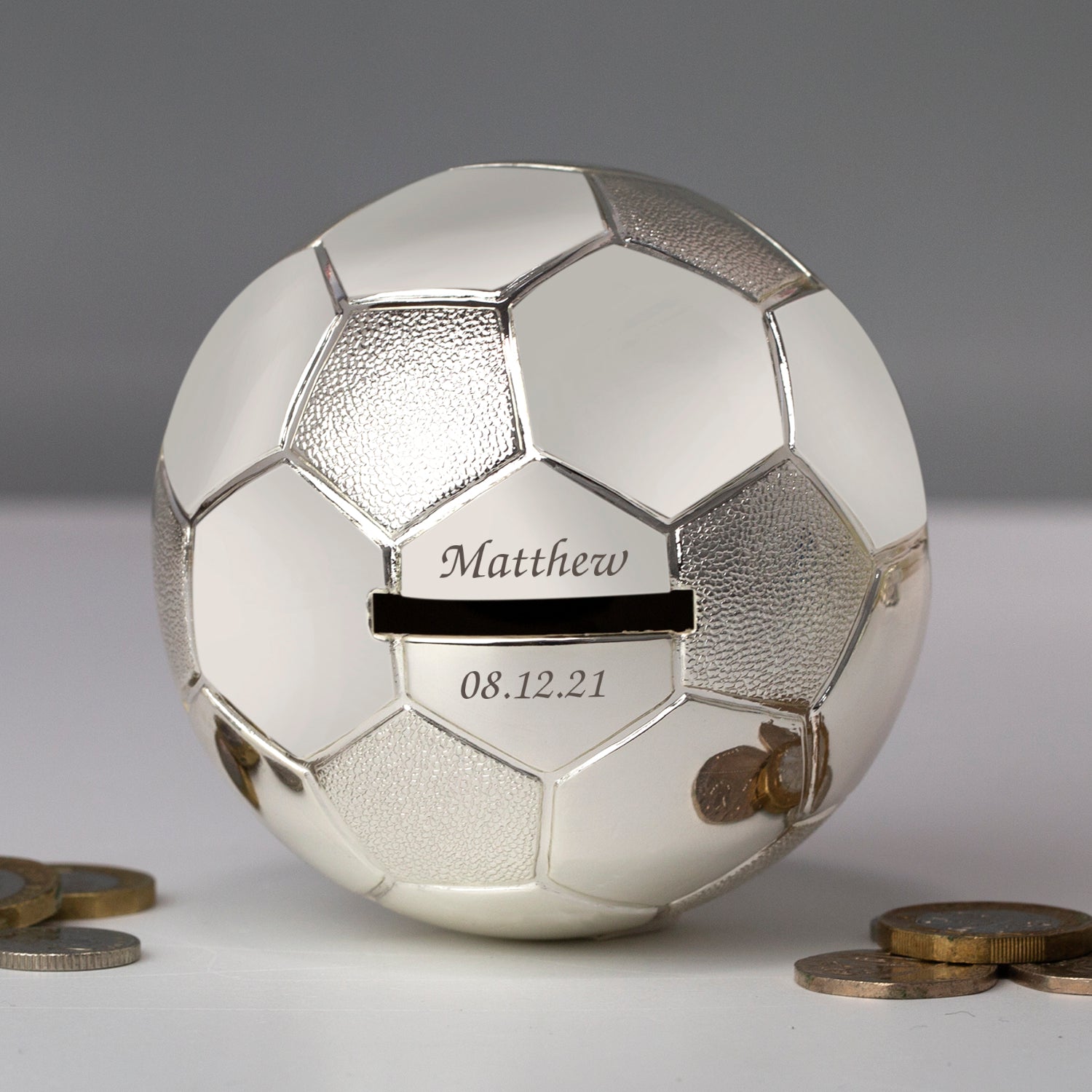 Personalised Message Silver Football Money Box Spoken Gifts LTD