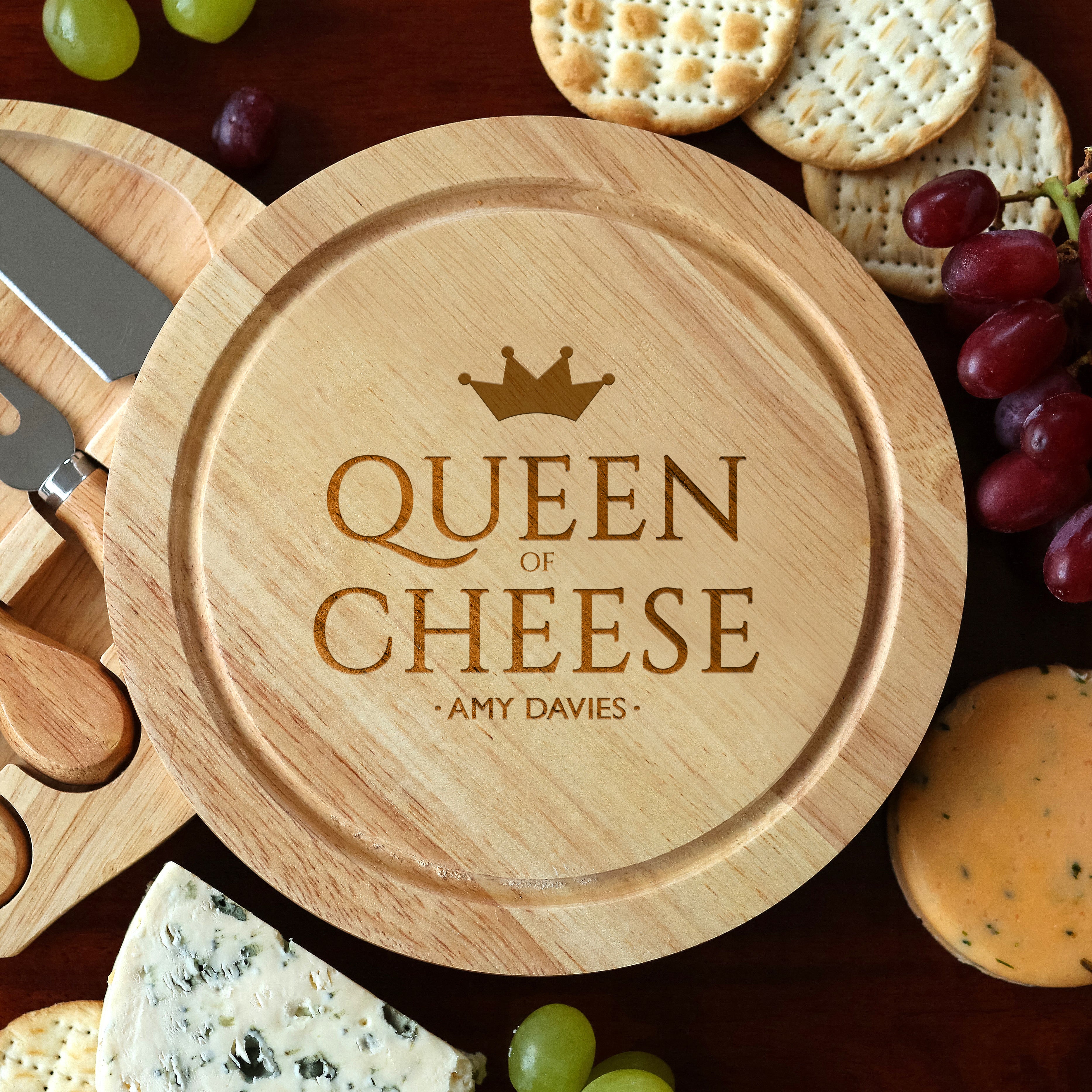 Personalised Queen Of Cheese Cheese Board And Knives Set - Cheeseboard Sets