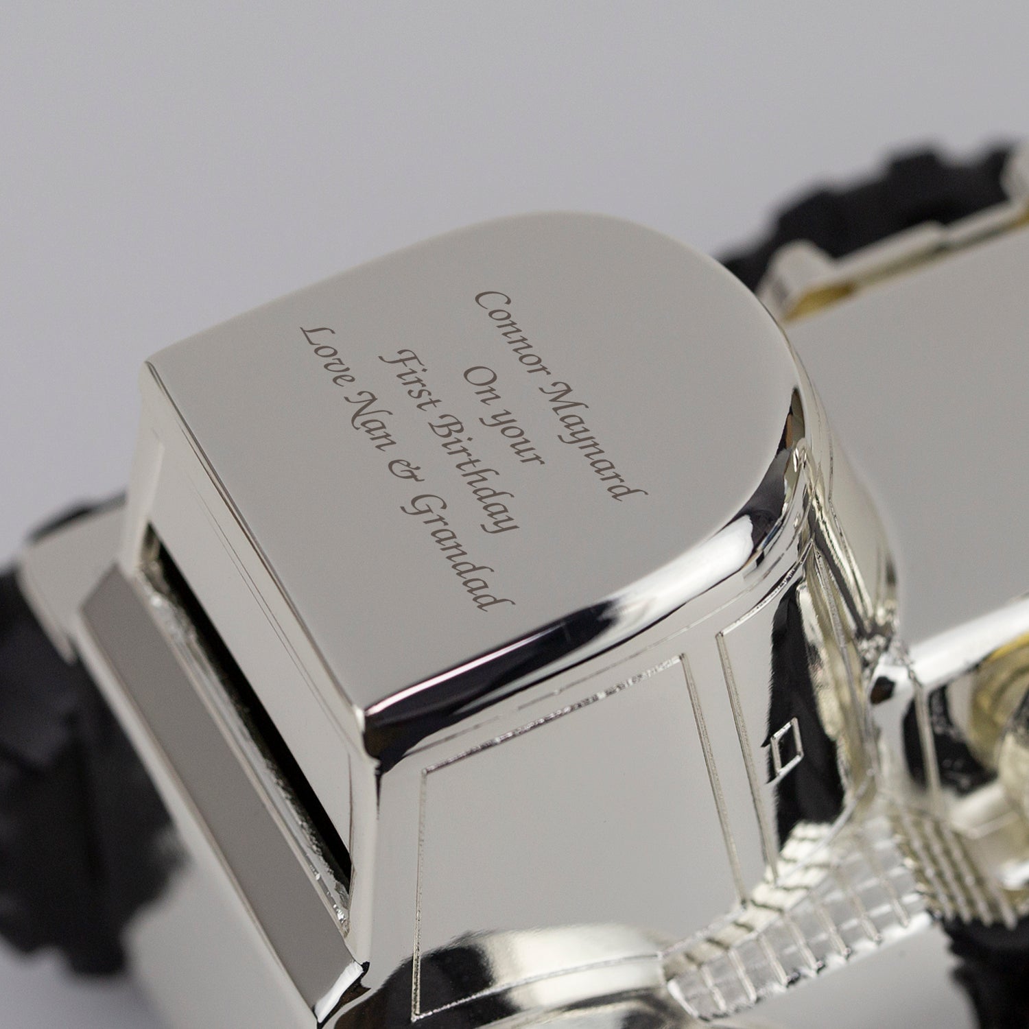 Personalised Silver Digger Tractor Money Box Engraved Kids